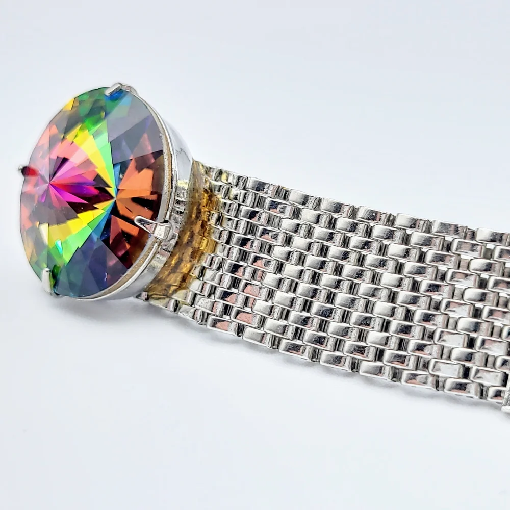 Vintage Rainbow Rivoli Crystal Silver Tone Mesh Cufflinks - Picture 7 of 12